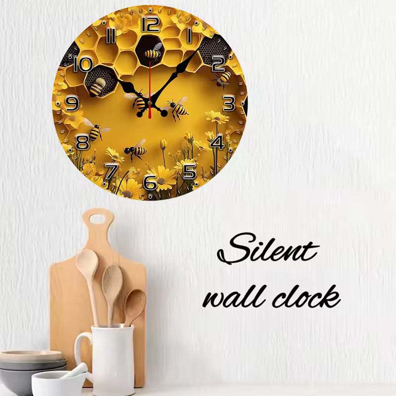 Bee & Honeycomb Wall Clock – Personalized Wooden Round Silent Clock, Rustic Nature Decor for Living Room, Office, Bedroom
