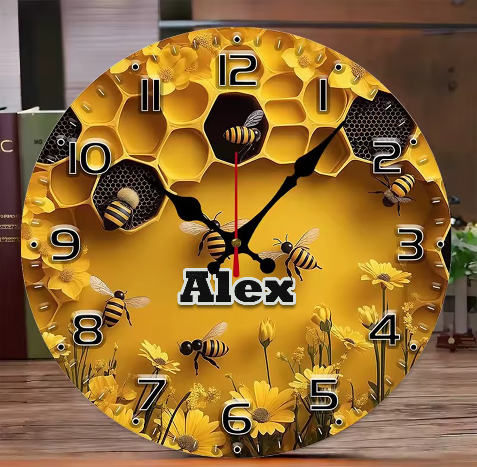 Bee & Honeycomb Wall Clock – Personalized Wooden Round Silent Clock, Rustic Nature Decor for Living Room, Office, Bedroom