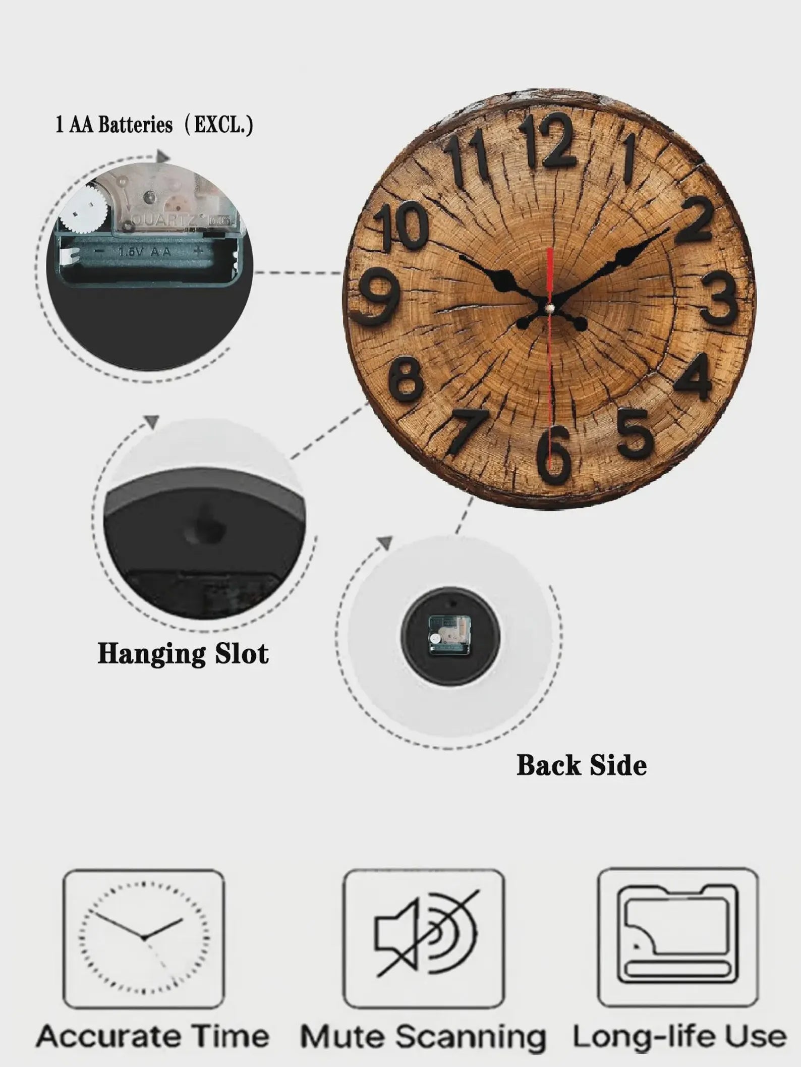Wood Grain Wall Clock 2D Printed MDF Clock with Tree Ring Design Silent Round Rustic Clock for Home Office Living Room Cafe Decor