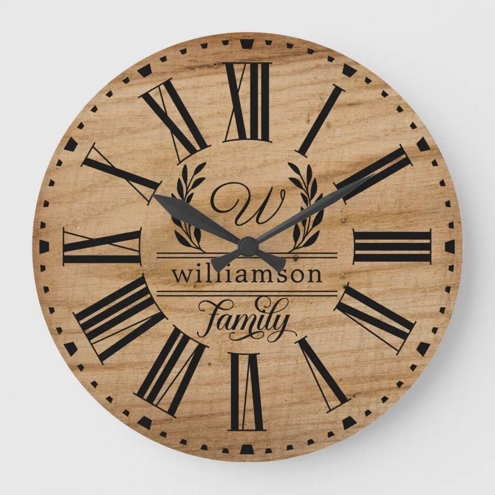 Rustic Brown Wood Custom Family Name Farmhouse Wall Clock – Personalized Large Wooden Clock, Home Decor Gift