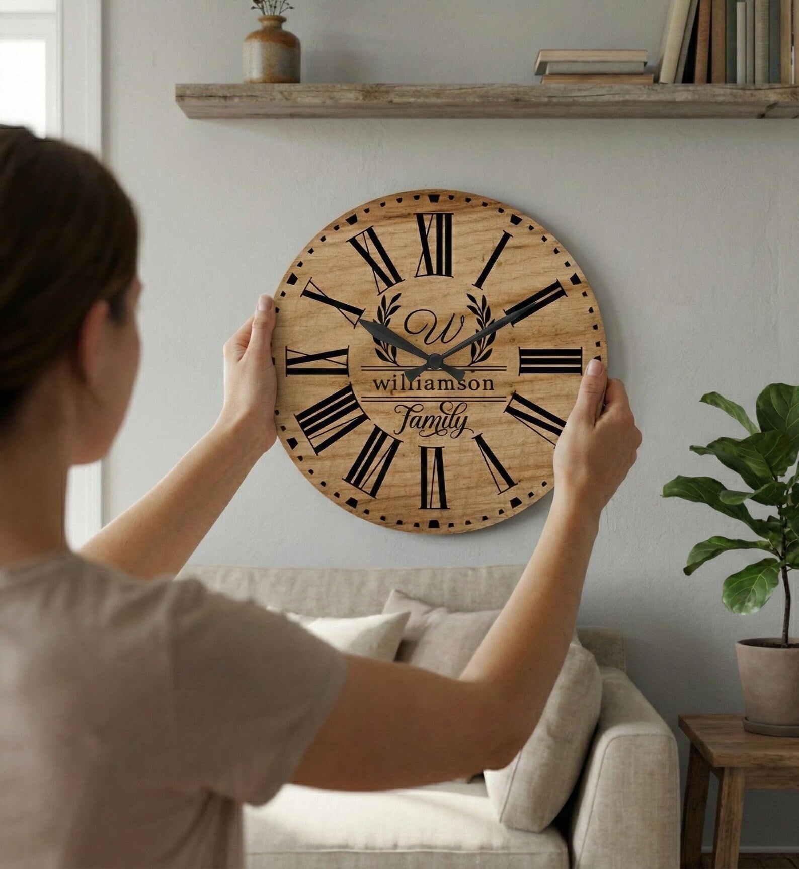 Rustic Brown Wood Custom Family Name Farmhouse Wall Clock – Personalized Large Wooden Clock, Home Decor Gift