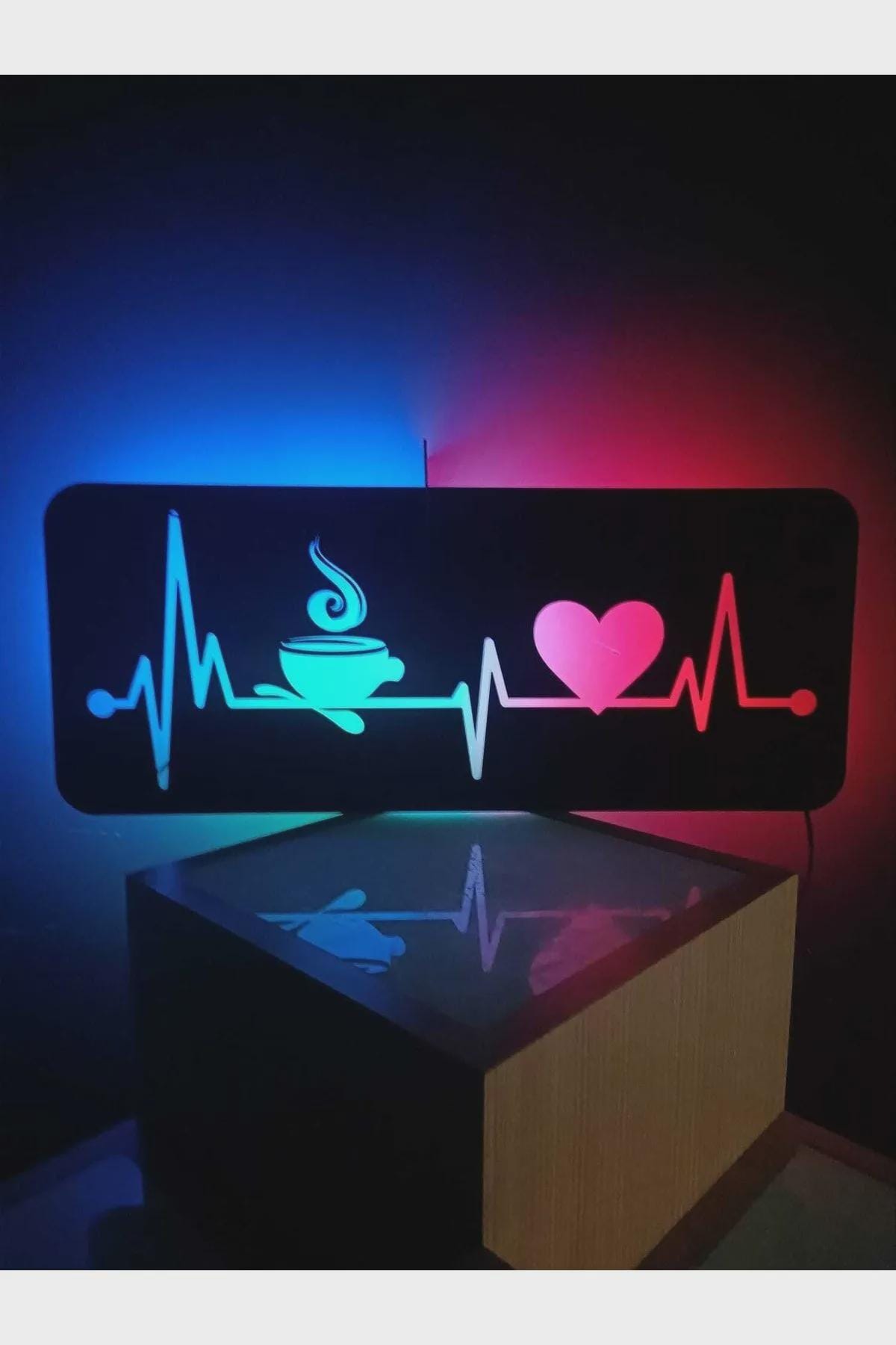 Coffee and Heart Wall Art with LED Light Wooden Cafe Sign Decor Laser Cut Coffee Lover Wall Panel Rustic Lighted Kitchen Sign