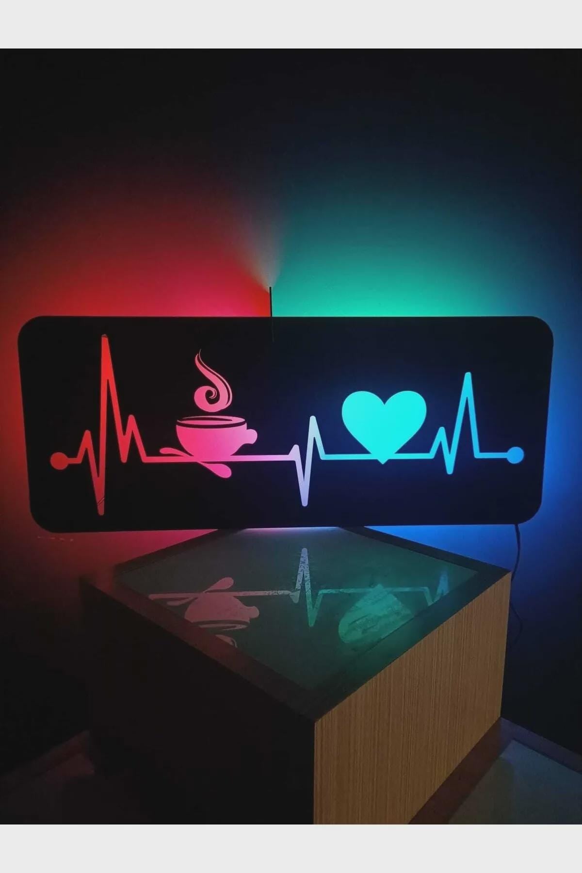 Coffee and Heart Wall Art with LED Light Wooden Cafe Sign Decor Laser Cut Coffee Lover Wall Panel Rustic Lighted Kitchen Sign