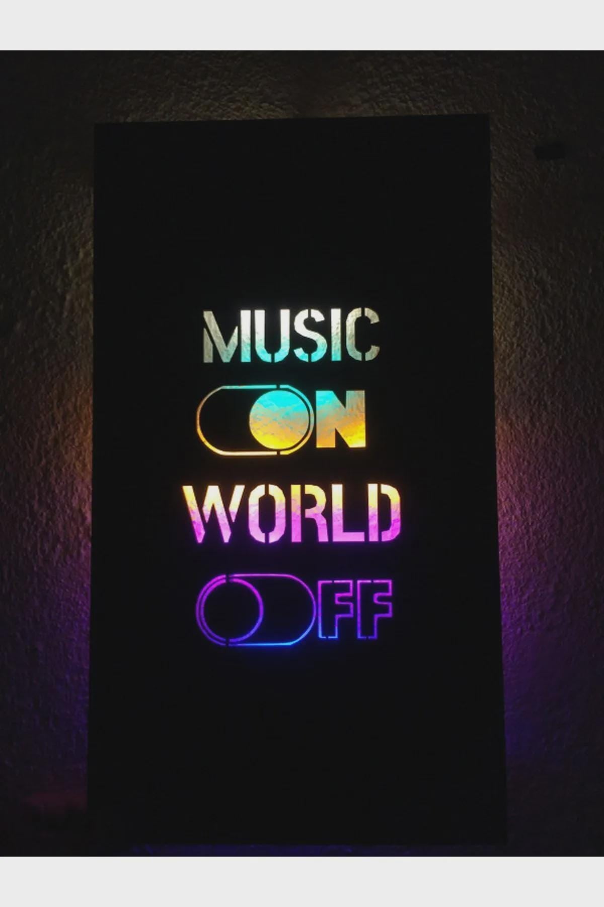 Music On World Off Wooden LED Wall Art, Laser Cut Lighted Music Sign, Rustic Wood Panel Decor for Studio Bedroom or Living Room