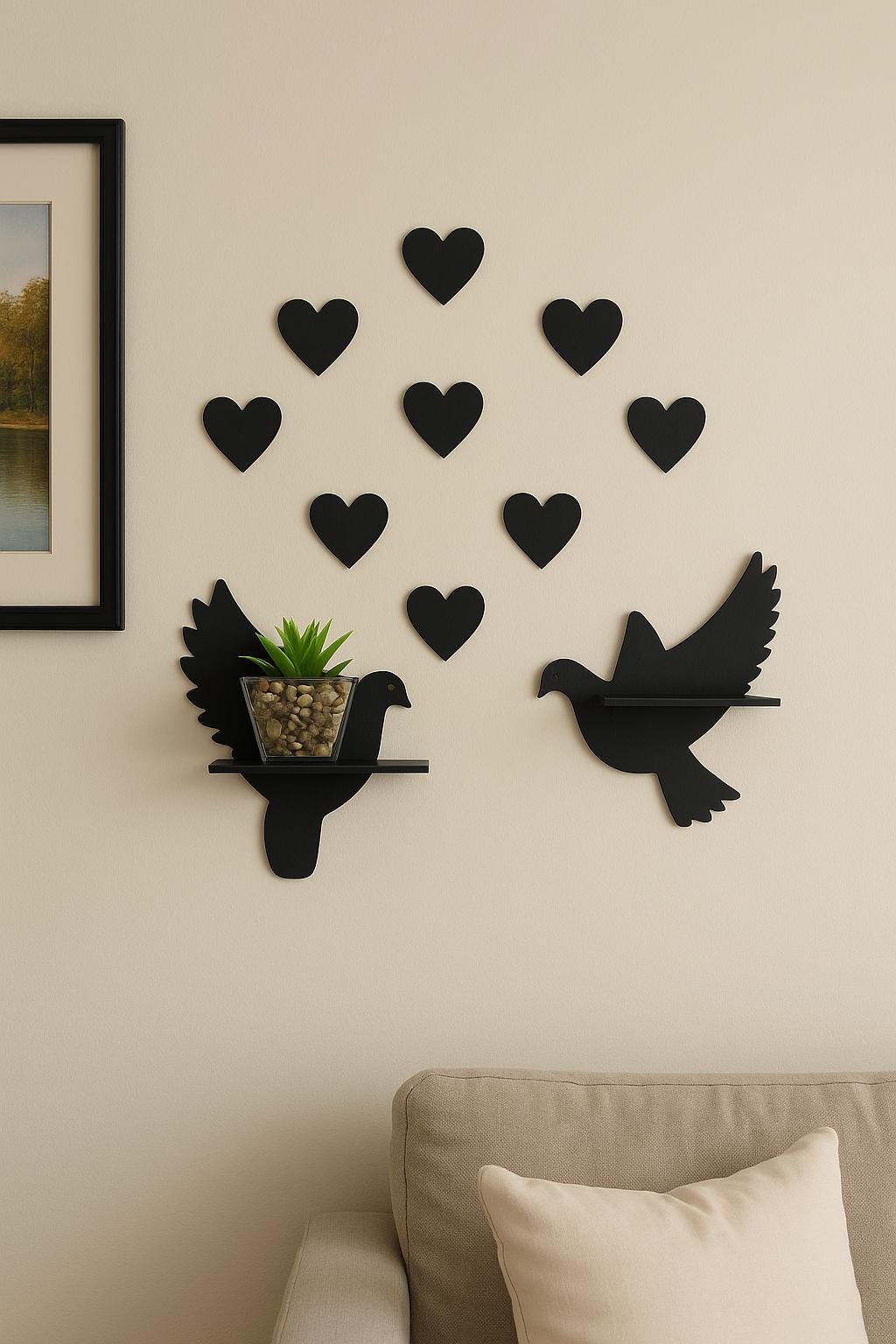 Rustic Bird and Heart Wall Decor Set Wooden Dove and Heart MDF Wall Hanging Ornaments Nursery Living Room Rustic Wall Art Gift