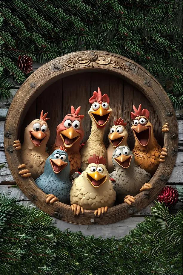 Cute Chicken Family Wall Hanging, 20cm MDF Rustic Farmhouse Decor, Hen & Chick Sign, 3D Look 2D Print Hanging Chicken Wall Art