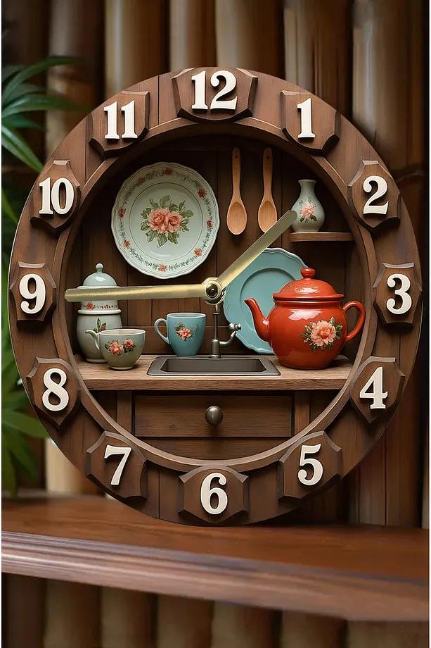 Silent Round Wooden Wall Clock, Quartz Movement Kitchen Clock, 3D Look 2D MDF Wall Clock, Rustic Kitchen Wall Decor Timepiece