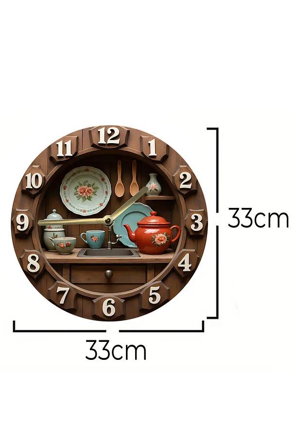 Silent Round Wooden Wall Clock, Quartz Movement Kitchen Clock, 3D Look 2D MDF Wall Clock, Rustic Kitchen Wall Decor Timepiece