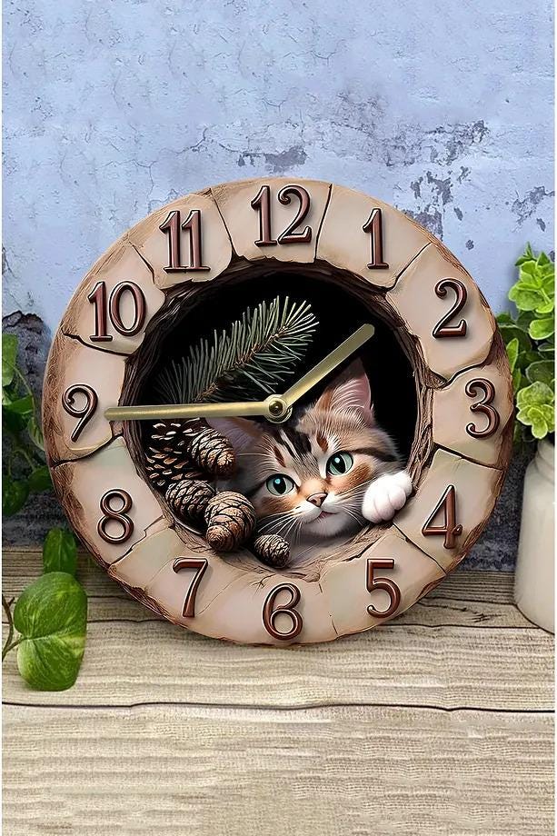 Cat Themed Wooden Wall Clock for Pet Lovers, Silent Paw Print Clock, Natural MDF Cat Wall Decor, Cute Animal Lover Clock