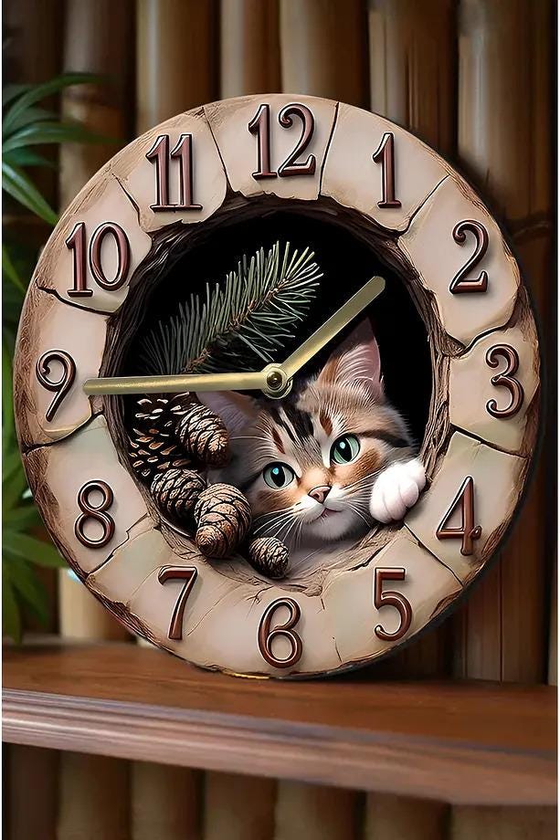 Cat Themed Wooden Wall Clock for Pet Lovers, Silent Paw Print Clock, Natural MDF Cat Wall Decor, Cute Animal Lover Clock