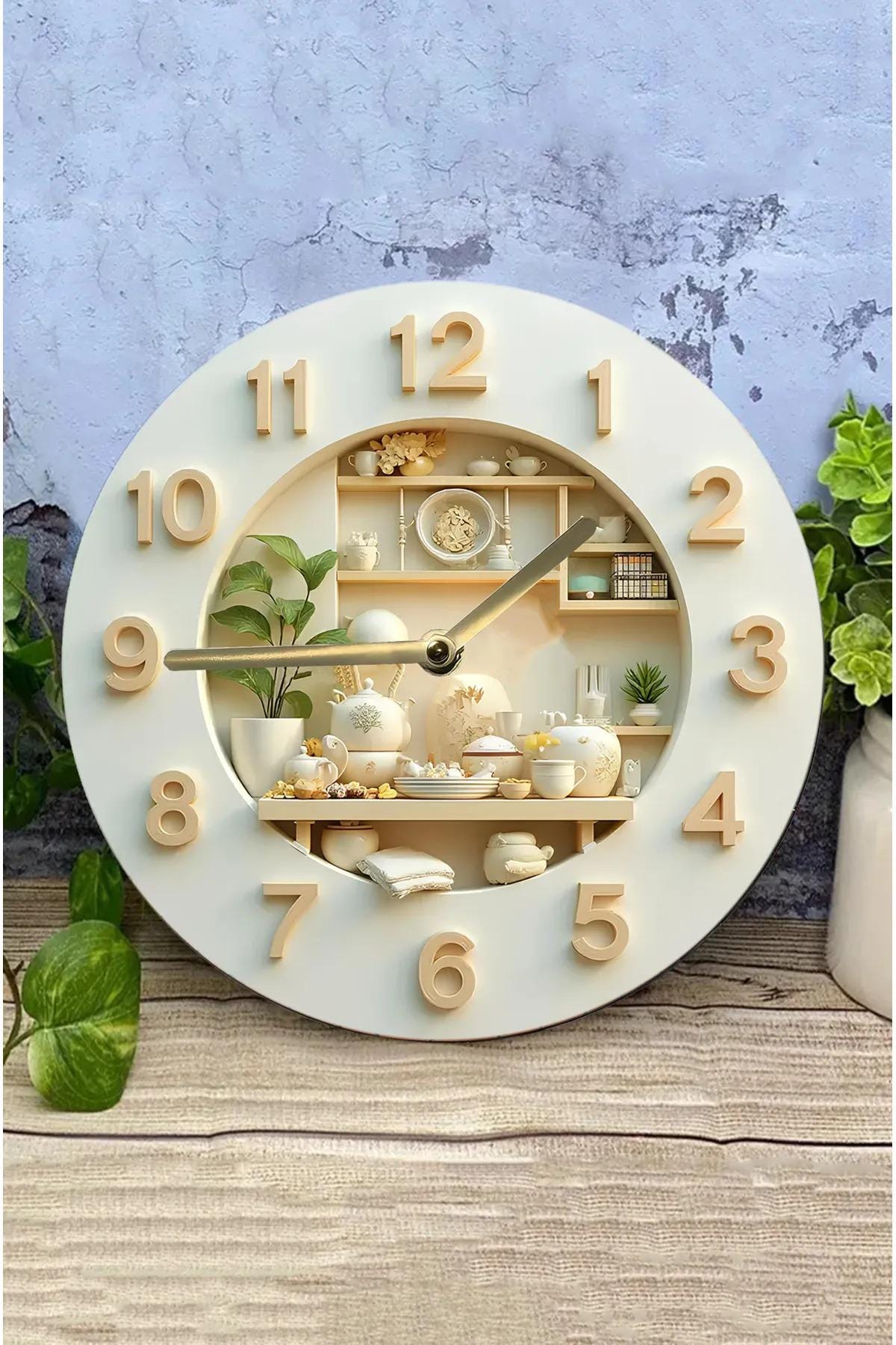 Kitchen Wall Clock with Faux Shelf Detail – Personalized 2D MDF Clock with 3D Effect, Silent Modern Farmhouse Kitchen Decor