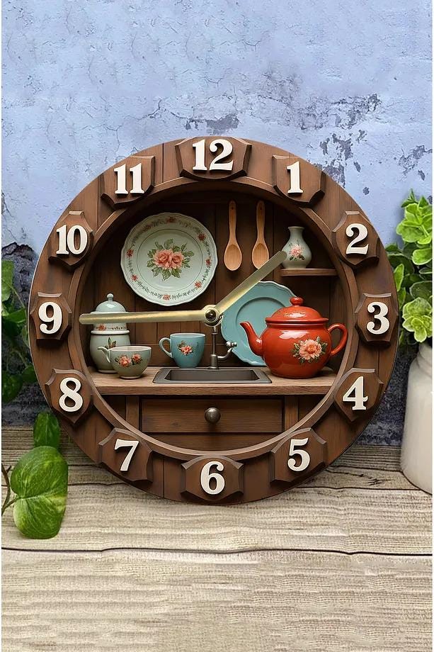 Silent Round Wooden Wall Clock, Quartz Movement Kitchen Clock, 3D Look 2D MDF Wall Clock, Rustic Kitchen Wall Decor Timepiece