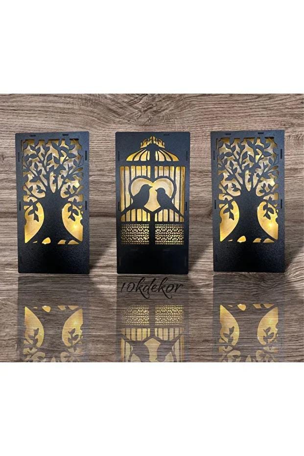 Black Wooden Birdcage Wall Art with LED Fairy Lights, Rustic Wall Hanging Decor, 3 Piece Lighted Wooden Wall Panel Set for Home