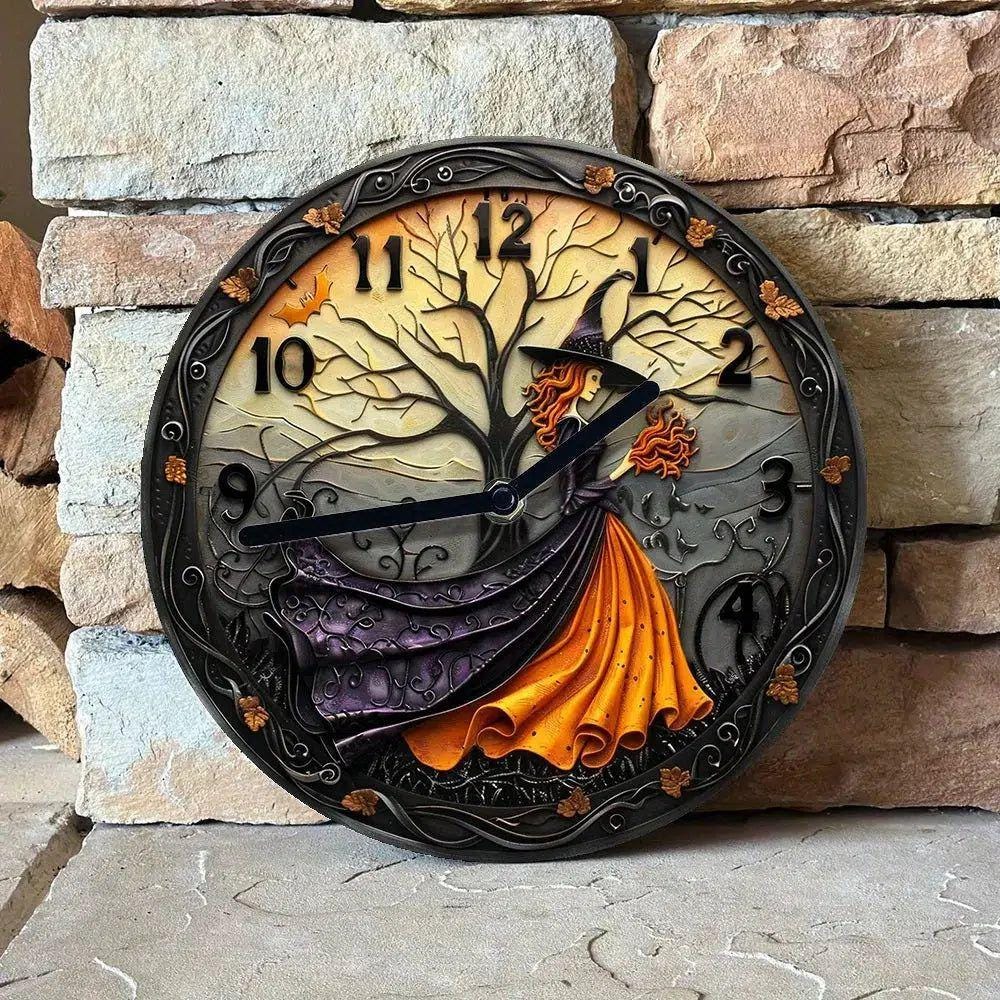 Witch Forest Wall Clock, Gothic 3D Effect MDF Timepiece for Halloween Decor
