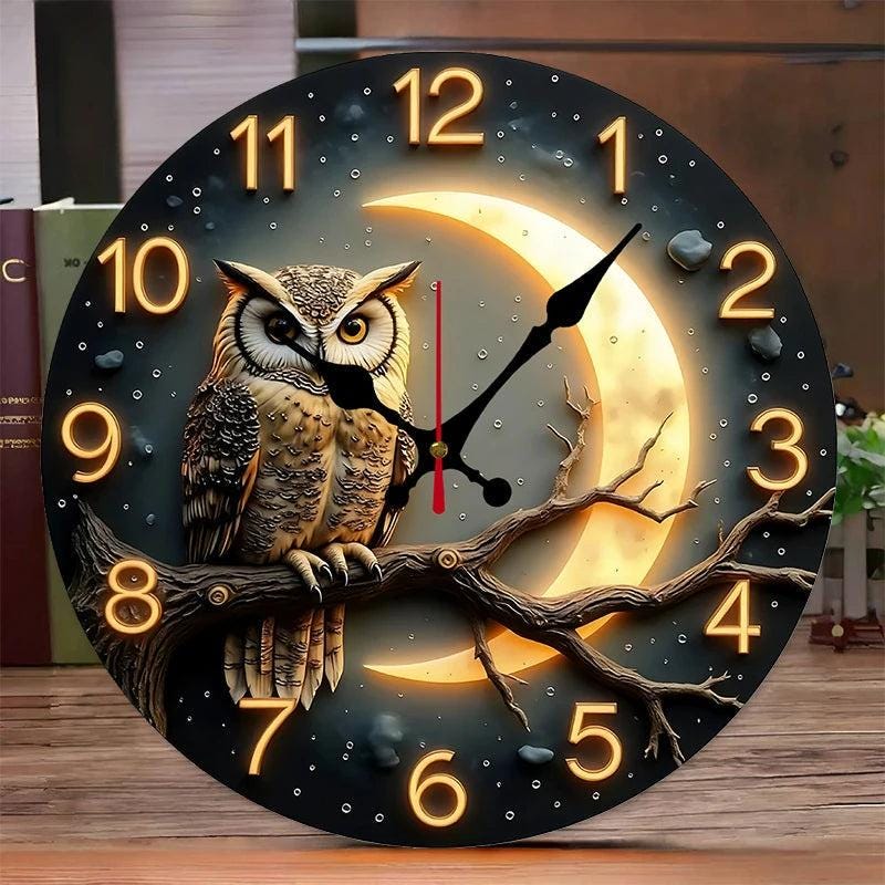 Moonlight Owl Wooden Wall Clock for Rustic Nature Decor, Night Forest Owl Art on MDF, Cozy Cottagecore Animal Wall Clock 2D printed