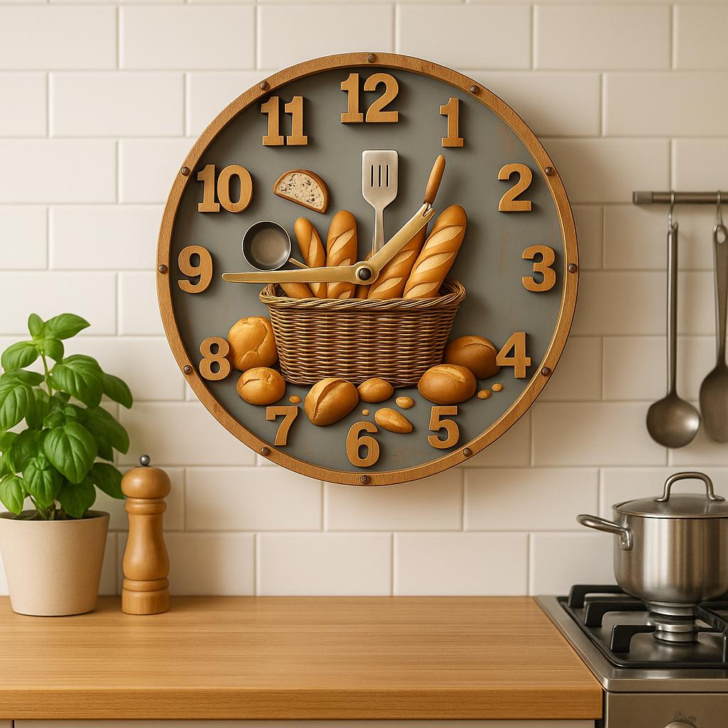Rustic Kitchen Wall Clock Decor – Silent Round Wooden Wall Clock with Shelf, Modern MDF Wall Mounted Kitchen Timepiece, Quartz Clock