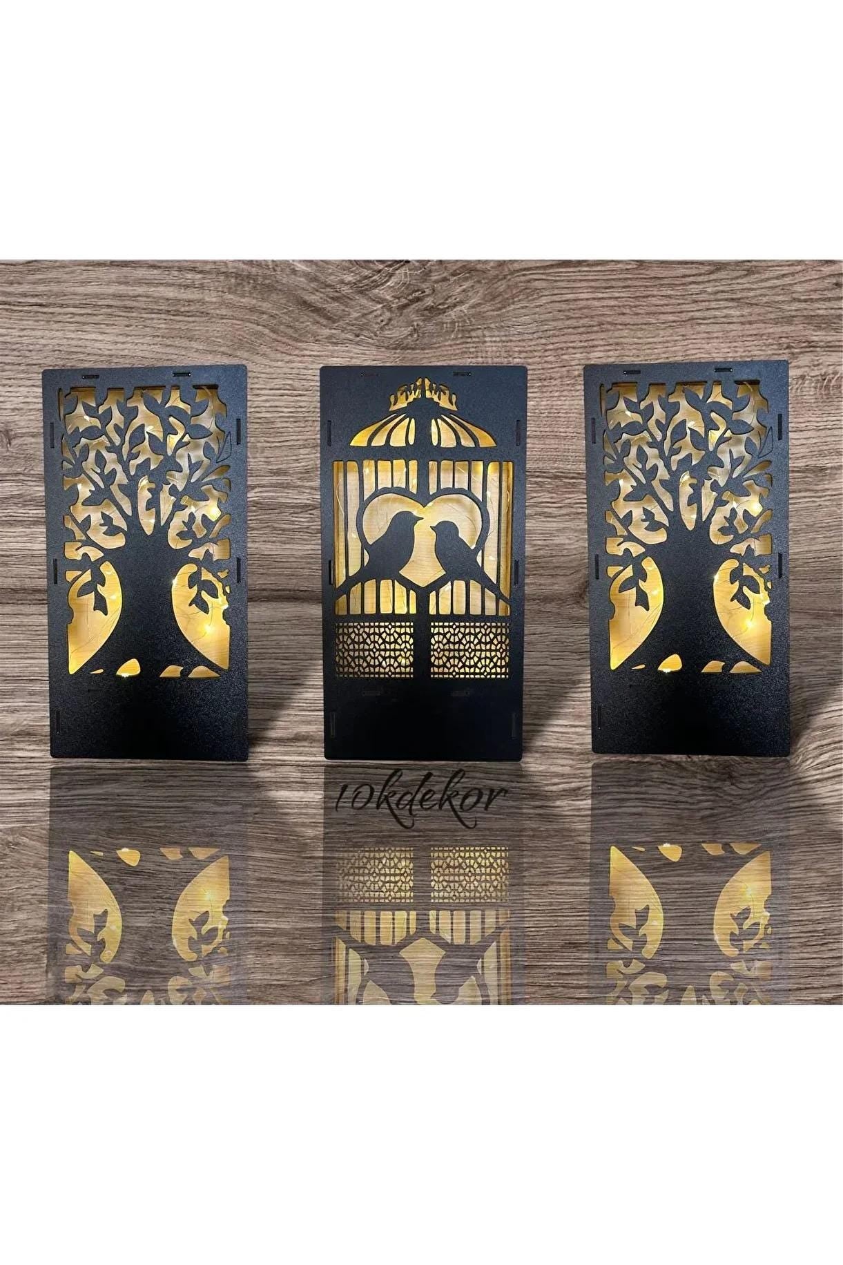 Black Wooden Birdcage Wall Art with LED Fairy Lights, Rustic Wall Hanging Decor, 3 Piece Lighted Wooden Wall Panel Set for Home