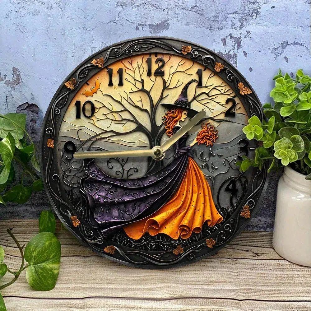 Witch Forest Wall Clock, Gothic 3D Effect MDF Timepiece for Halloween Decor