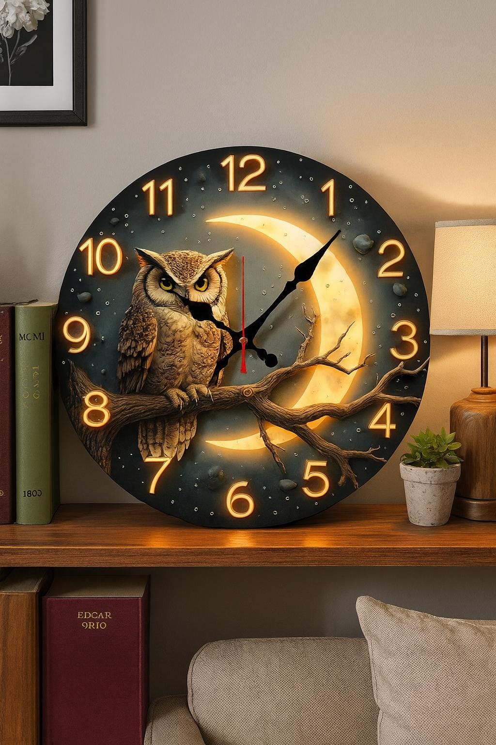 Moonlight Owl Wooden Wall Clock for Rustic Nature Decor, Night Forest Owl Art on MDF, Cozy Cottagecore Animal Wall Clock 2D printed