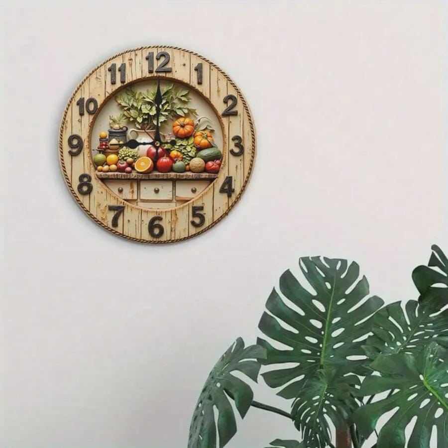 Rustic Harvest Wall Clock – 3D Look Printed MDF Farmhouse Kitchen Decor
