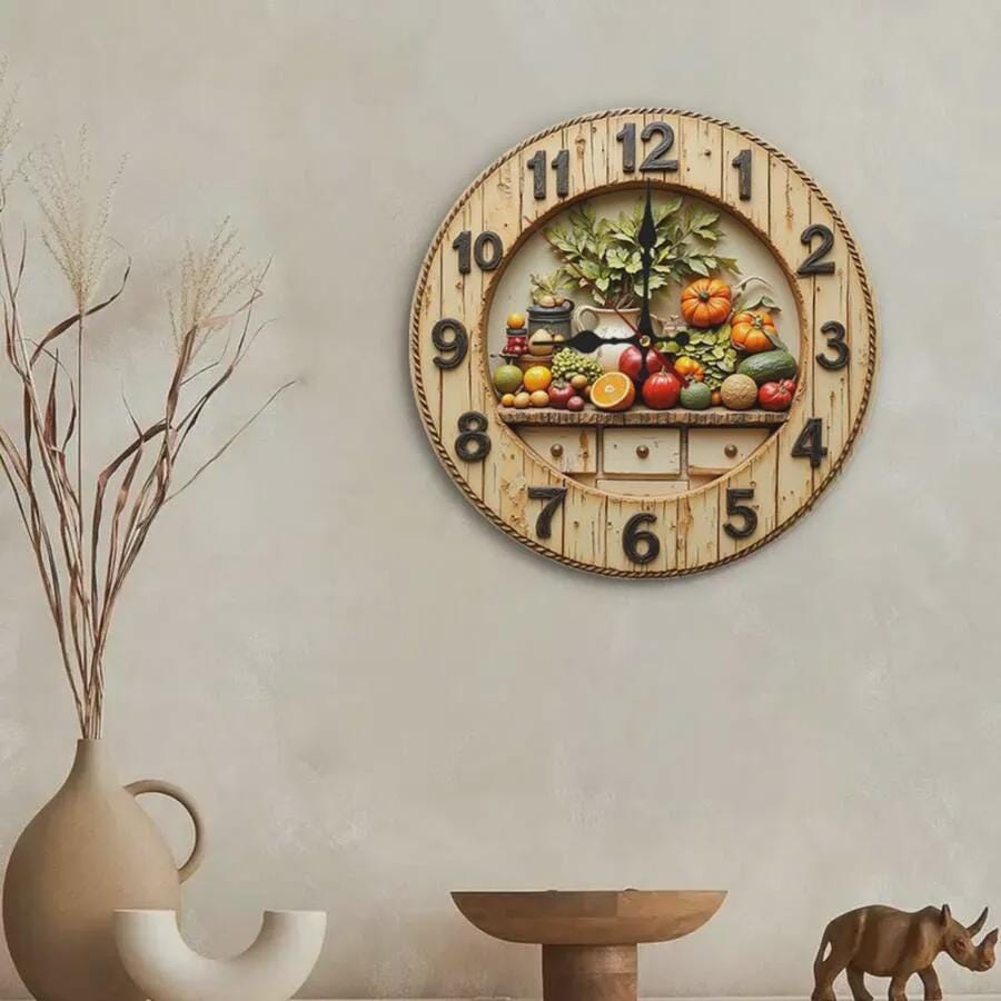 Rustic Harvest Wall Clock – 3D Look Printed MDF Farmhouse Kitchen Decor