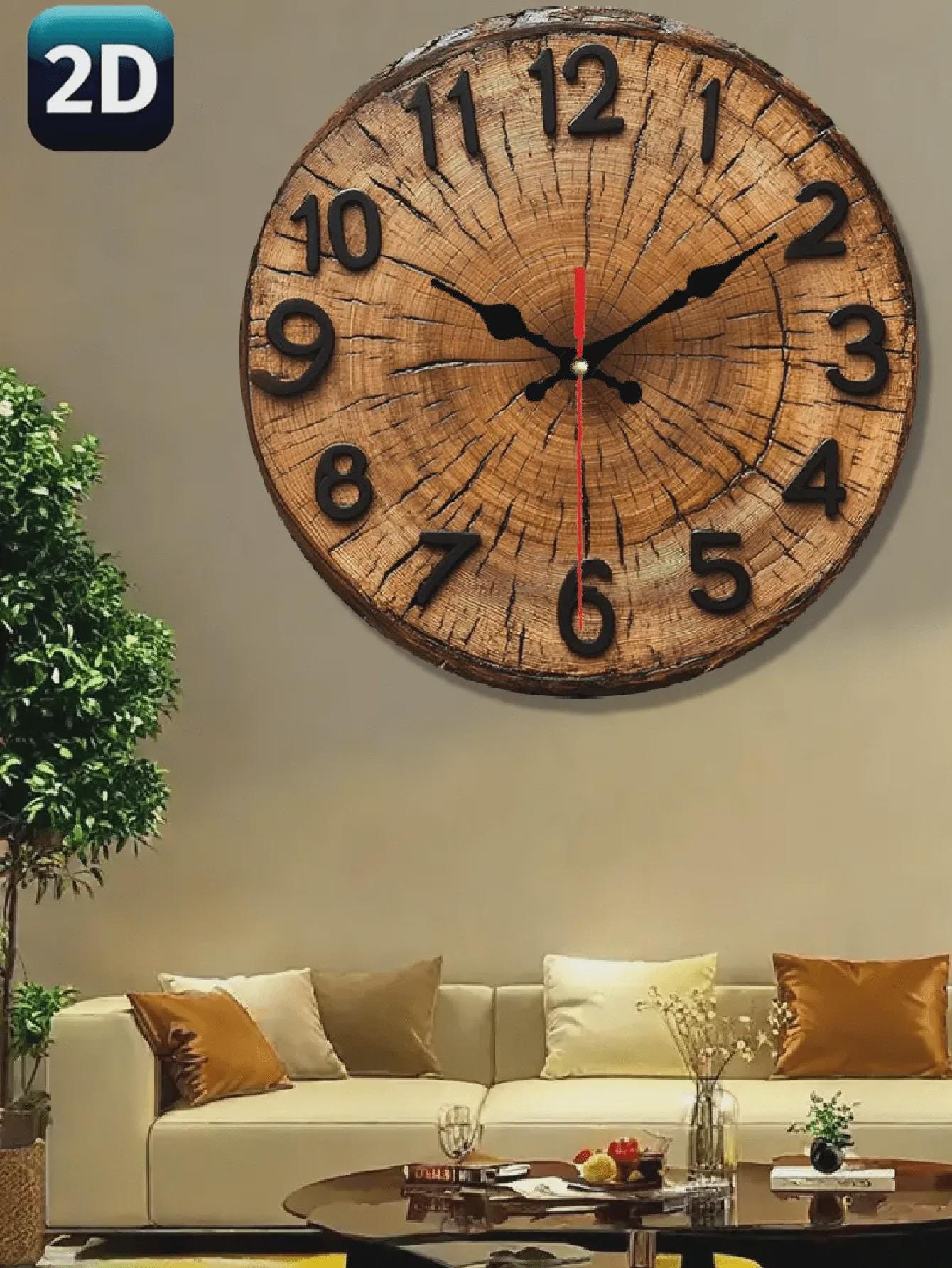 Wood Grain Wall Clock – 2D Printed MDF Clock with Tree Ring Design, Silent Round Rustic Clock with Custom Text Logo Home Office Cafe Decor