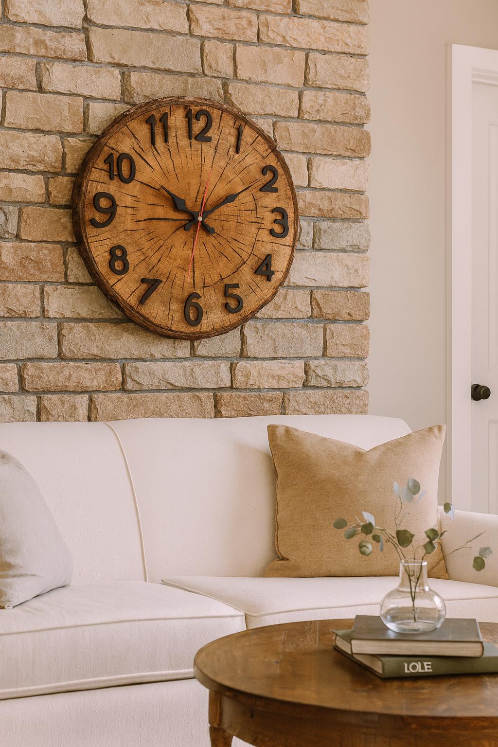 Wood Grain Wall Clock – 2D Printed MDF Clock with Tree Ring Design, Silent Round Rustic Clock with Custom Text Logo Home Office Cafe Decor