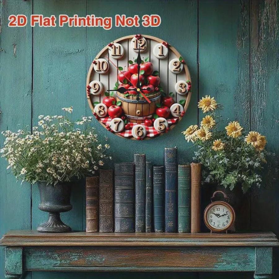 Vintage Apple Wall Clock 3D Look 2D Printed Silent Rustic Kitchen Clock with Red Apples for Coffee Bar Halloween Christmas Decor