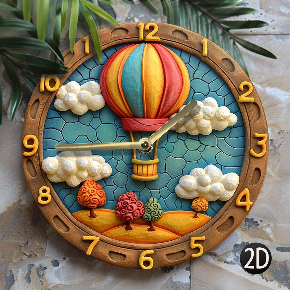 Hot Air Balloon Wall Clock 3D Look 2D Printed Silent Wooden Clock for Bedroom Office Dorm Decor Rustic Gift for Father’s Day Easter