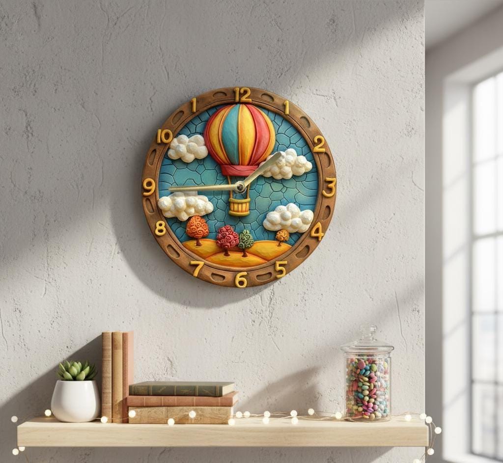 Hot Air Balloon Wall Clock 3D Look 2D Printed Silent Wooden Clock for Bedroom Office Dorm Decor Rustic Gift for Father’s Day Easter