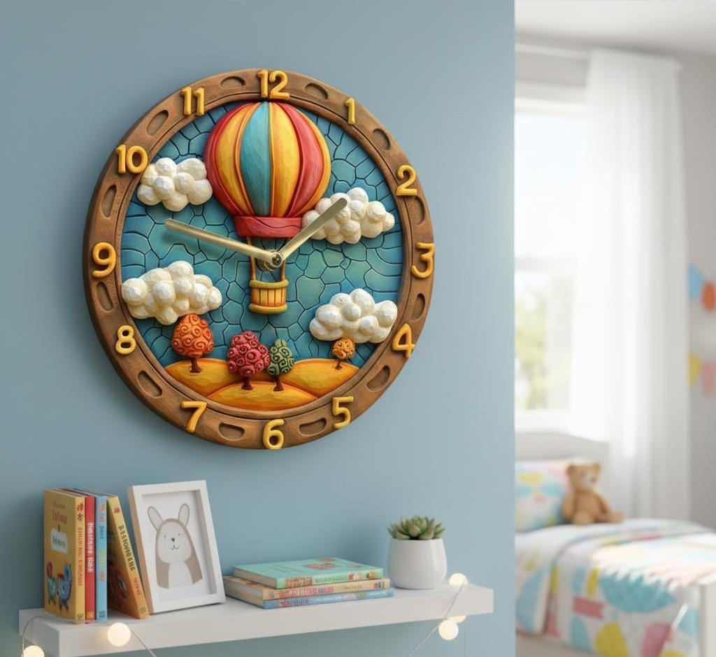 Hot Air Balloon Wall Clock 3D Look 2D Printed Silent Wooden Clock for Bedroom Office Dorm Decor Rustic Gift for Father’s Day Easter