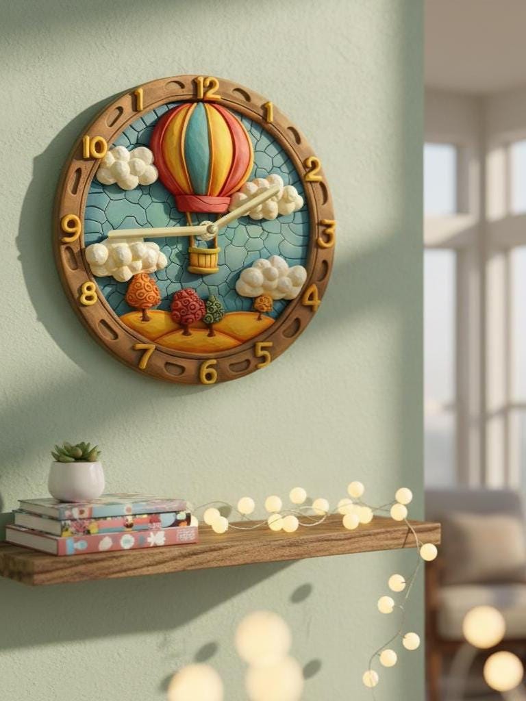 Hot Air Balloon Wall Clock 3D Look 2D Printed Silent Wooden Clock for Bedroom Office Dorm Decor Rustic Gift for Father’s Day Easter