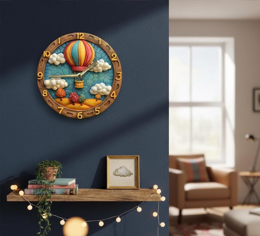 Hot Air Balloon Wall Clock 3D Look 2D Printed Silent Wooden Clock for Bedroom Office Dorm Decor Rustic Gift for Father’s Day Easter
