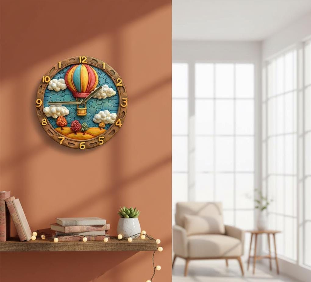 Hot Air Balloon Wall Clock 3D Look 2D Printed Silent Wooden Clock for Bedroom Office Dorm Decor Rustic Gift for Father’s Day Easter