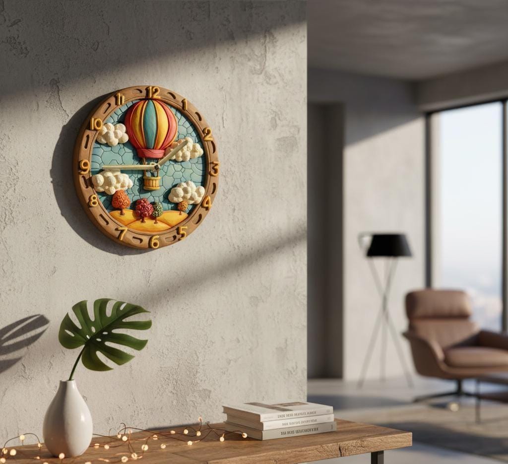 Hot Air Balloon Wall Clock 3D Look 2D Printed Silent Wooden Clock for Bedroom Office Dorm Decor Rustic Gift for Father’s Day Easter