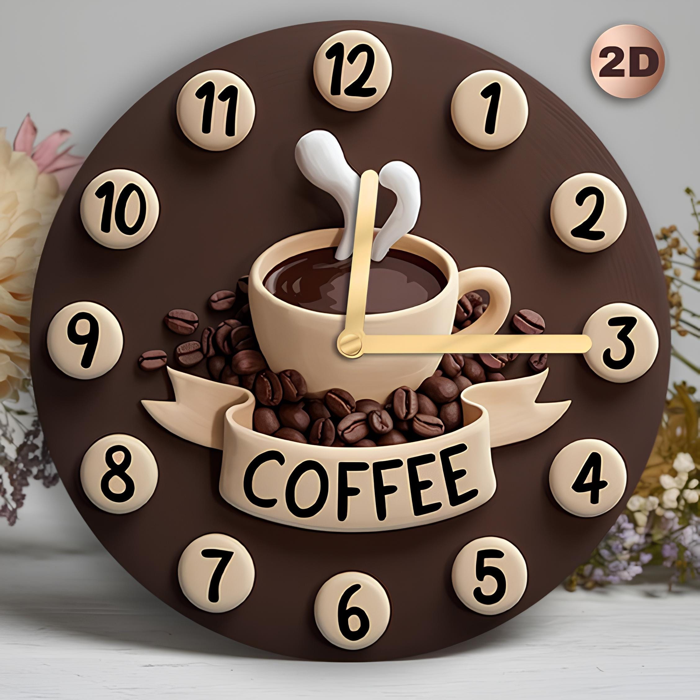 Coffee Wall Clock 3D Look 2D Printed Silent Rustic MDF Clock for Kitchen Coffee Bar Cafe Decor Non Ticking Vintage Coffee Design
