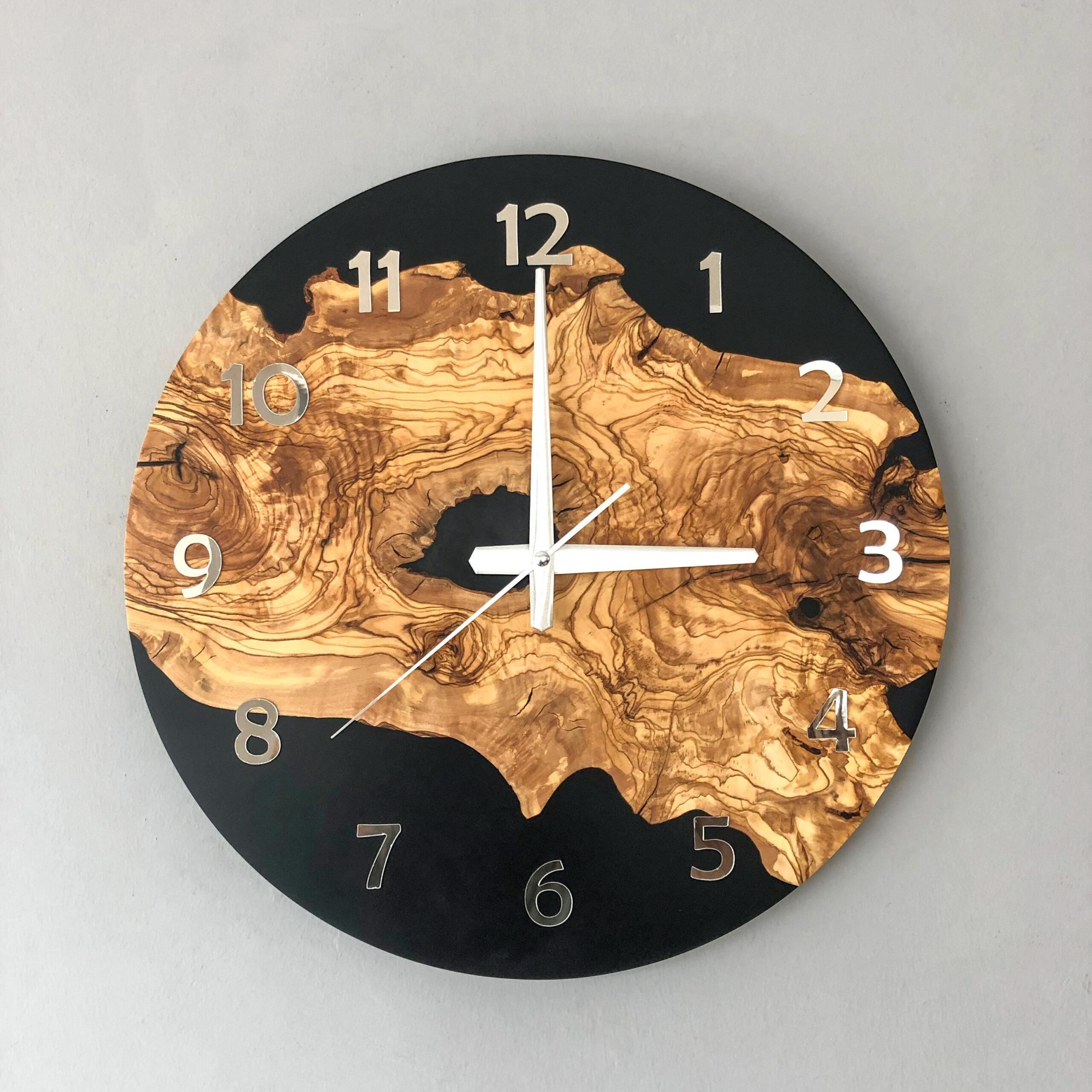 Epoxy Look Olive Wood Wall Clock 2D Printed Silent Rustic Clock with Tree Texture for Living Room Kitchen Modern Wall Clock