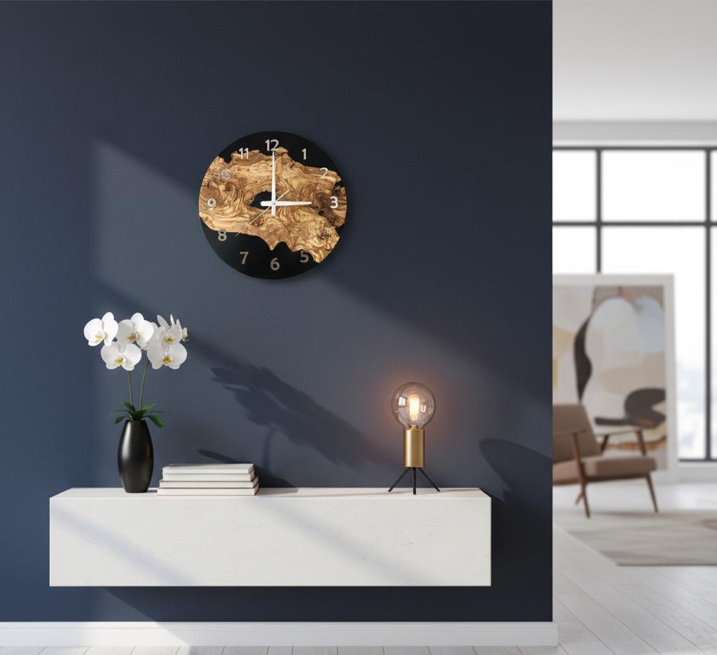 Epoxy Look Olive Wood Wall Clock 2D Printed Silent Rustic Clock with Tree Texture for Living Room Kitchen Modern Wall Clock