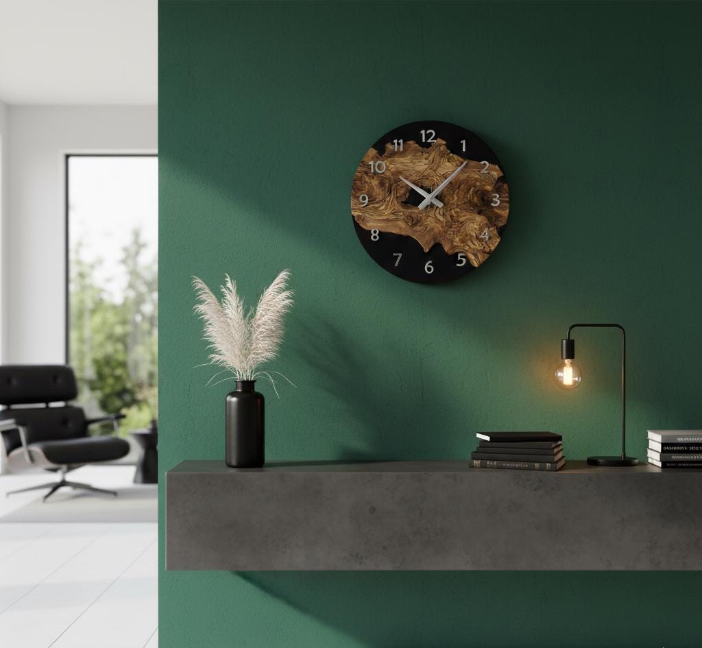 Epoxy Look Olive Wood Wall Clock 2D Printed Silent Rustic Clock with Tree Texture for Living Room Kitchen Modern Wall Clock