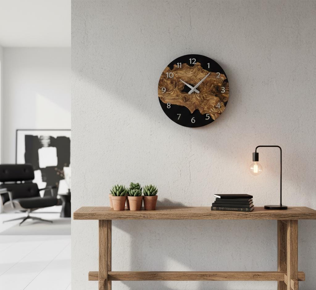 Epoxy Look Olive Wood Wall Clock 2D Printed Silent Rustic Clock with Tree Texture for Living Room Kitchen Modern Wall Clock