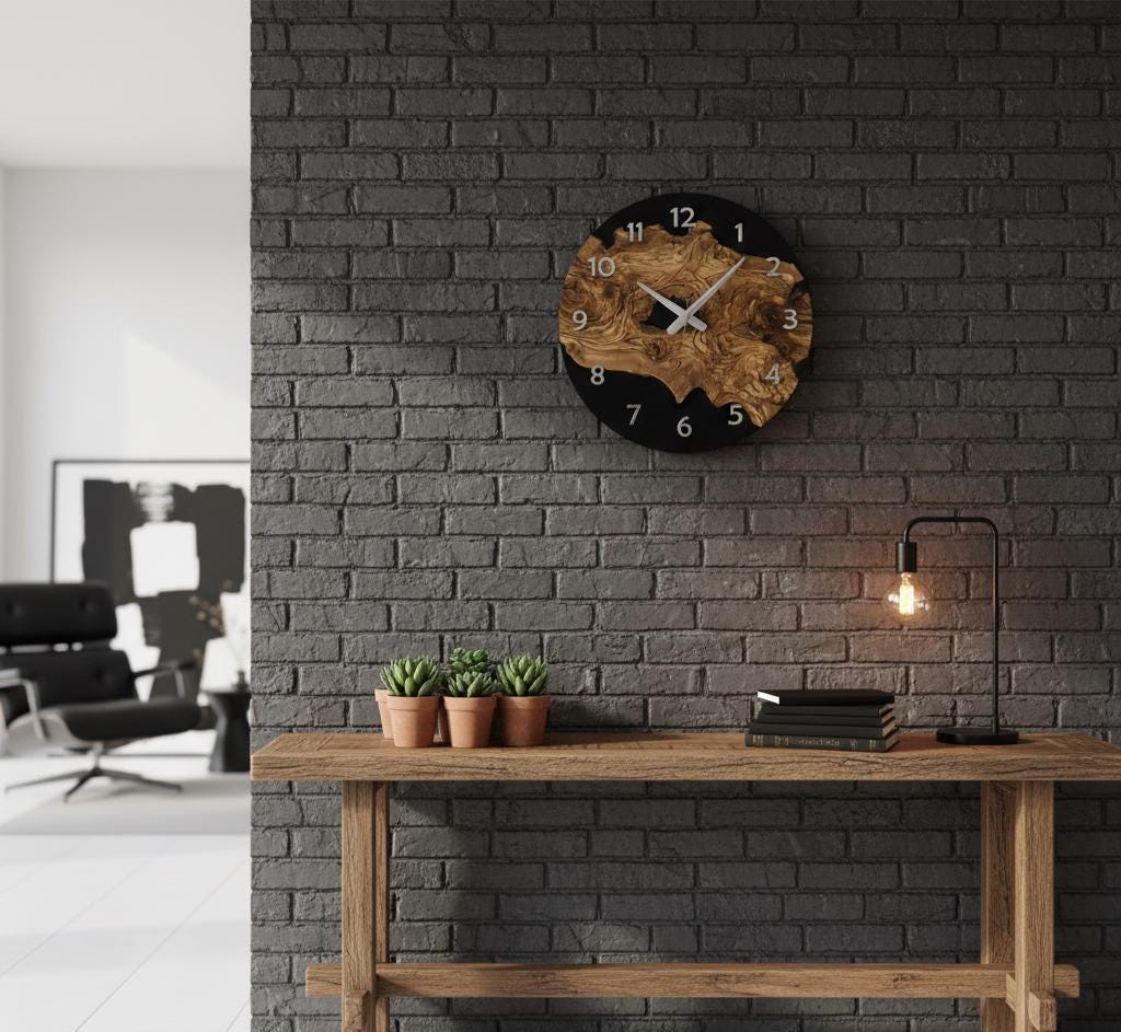 Epoxy Look Olive Wood Wall Clock 2D Printed Silent Rustic Clock with Tree Texture for Living Room Kitchen Modern Wall Clock