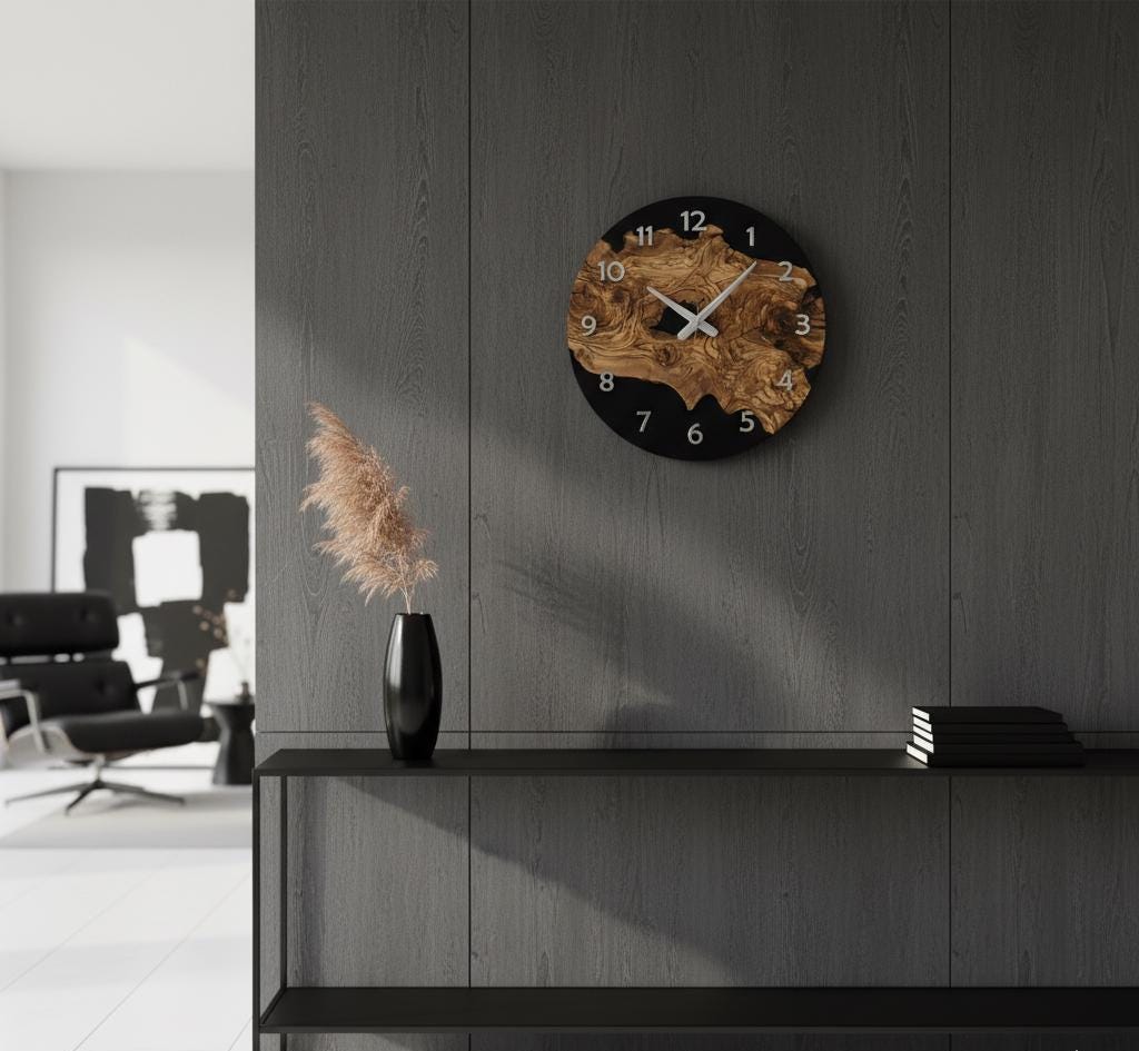 Epoxy Look Olive Wood Wall Clock 2D Printed Silent Rustic Clock with Tree Texture for Living Room Kitchen Modern Wall Clock
