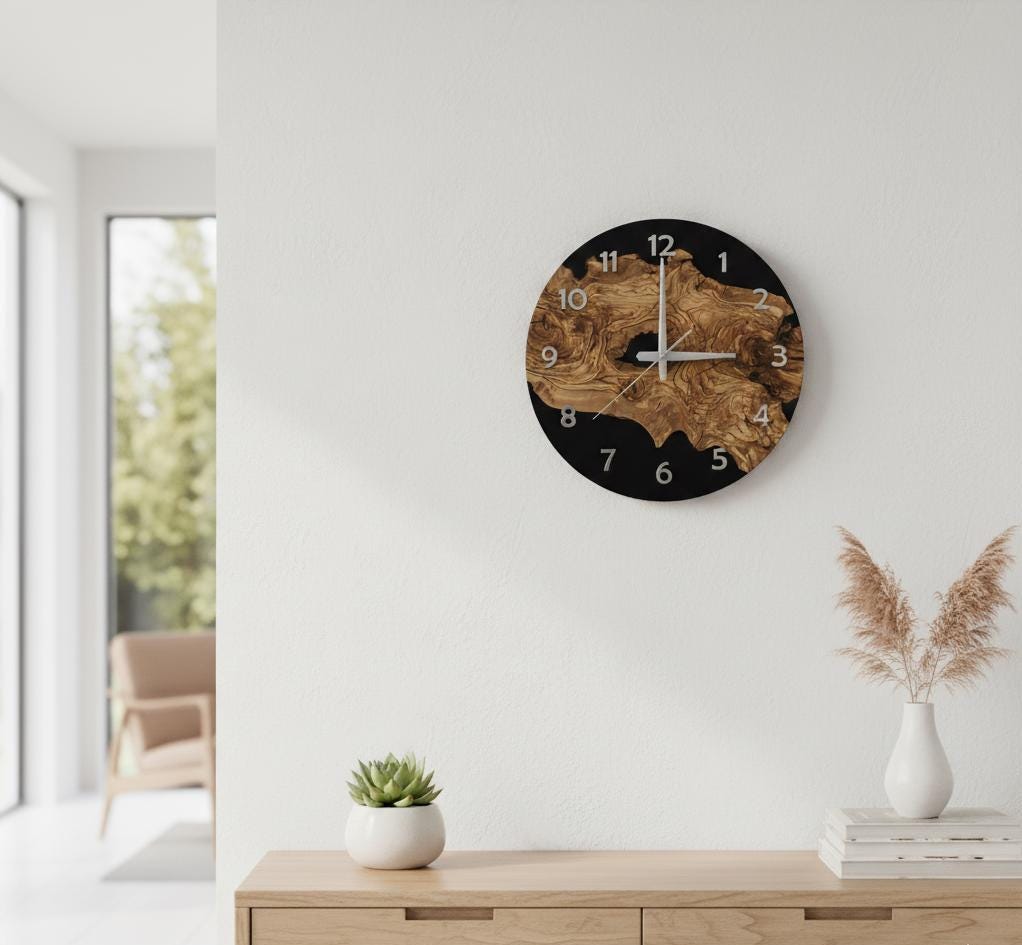 Epoxy Look Olive Wood Wall Clock 2D Printed Silent Rustic Clock with Tree Texture for Living Room Kitchen Modern Wall Clock