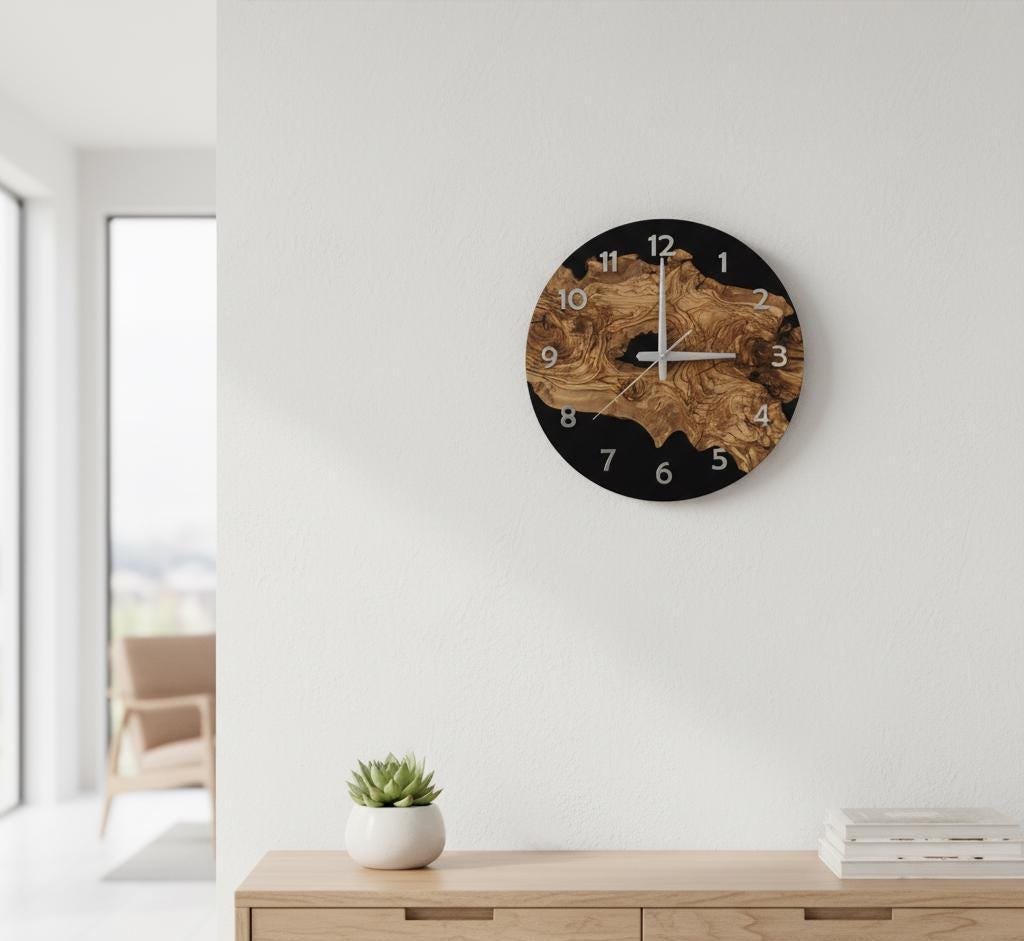 Epoxy Look Olive Wood Wall Clock 2D Printed Silent Rustic Clock with Tree Texture for Living Room Kitchen Modern Wall Clock