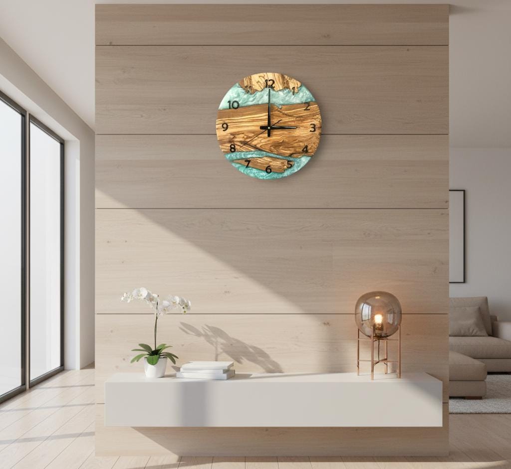 Kitchen Wall Clock, Epoxy Look Olive Wood Clock, Modern Rustic Silent Wall Clock, 2D Printed Turquoise Resin Style, Living Room Office Decor