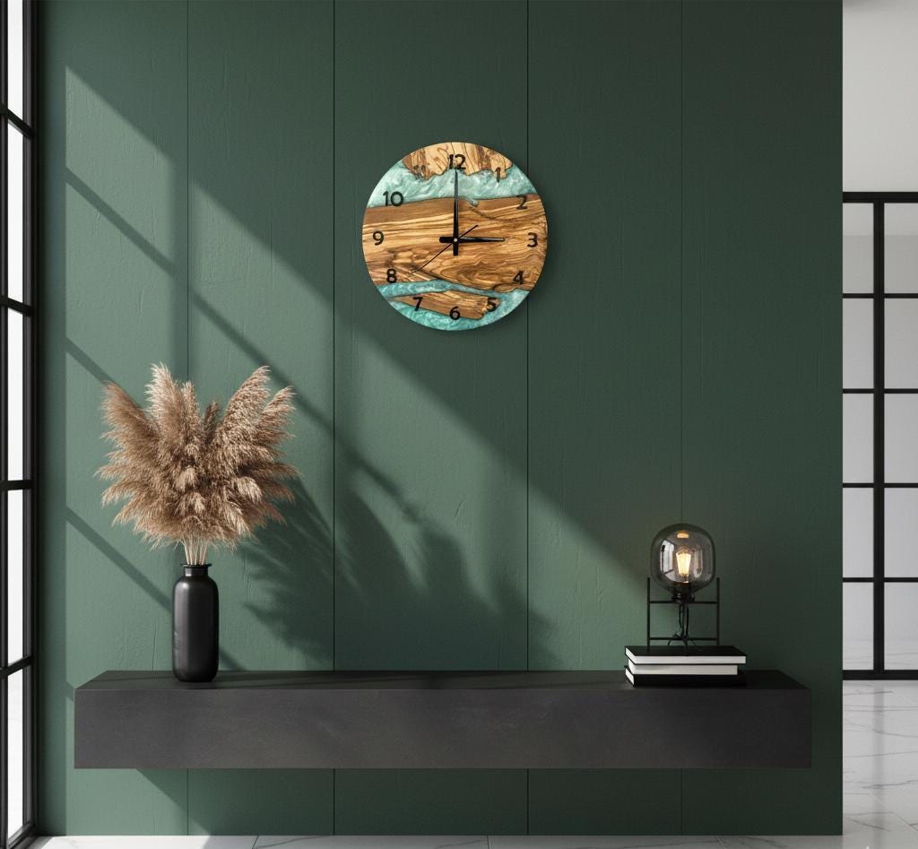 Kitchen Wall Clock, Epoxy Look Olive Wood Clock, Modern Rustic Silent Wall Clock, 2D Printed Turquoise Resin Style, Living Room Office Decor