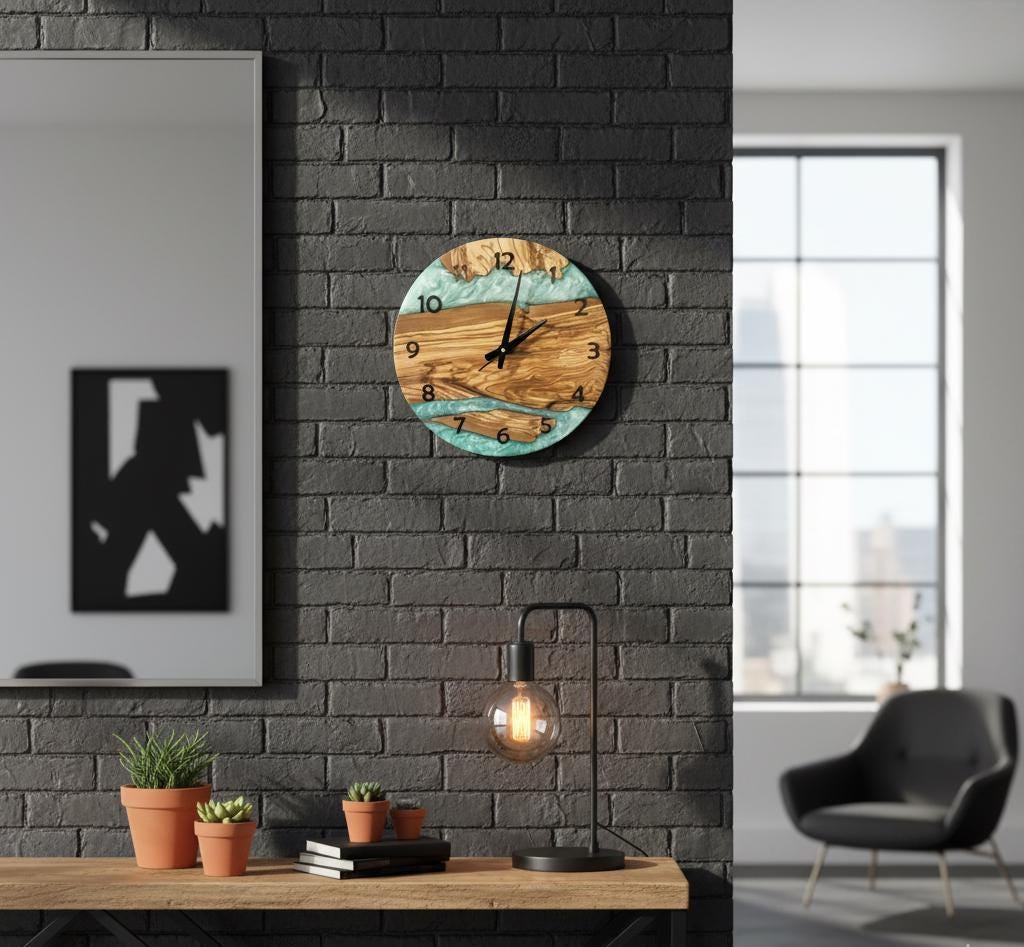 Kitchen Wall Clock, Epoxy Look Olive Wood Clock, Modern Rustic Silent Wall Clock, 2D Printed Turquoise Resin Style, Living Room Office Decor