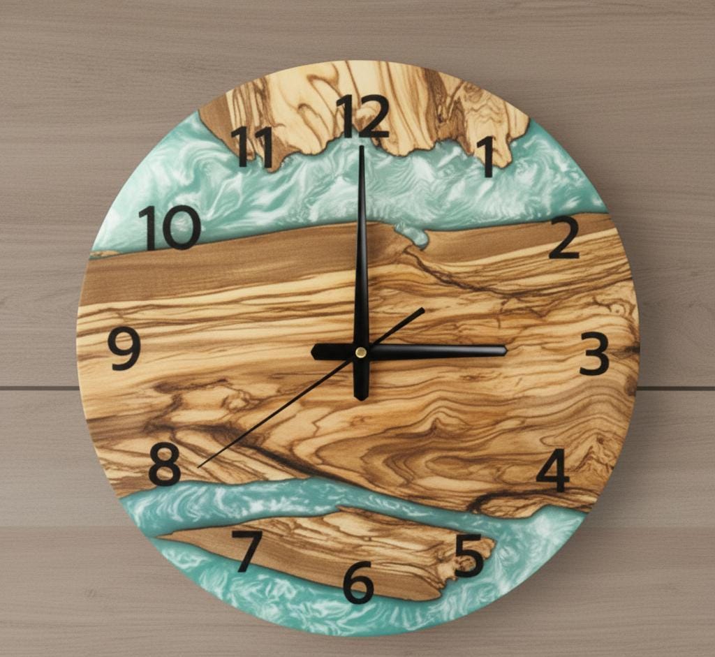 Kitchen Wall Clock, Epoxy Look Olive Wood Clock, Modern Rustic Silent Wall Clock, 2D Printed Turquoise Resin Style, Living Room Office Decor