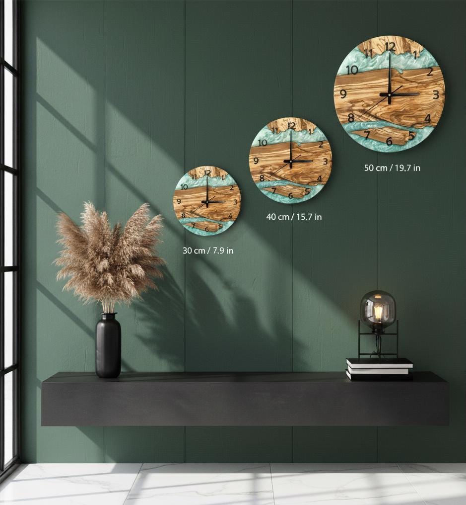 Kitchen Wall Clock, Epoxy Look Olive Wood Clock, Modern Rustic Silent Wall Clock, 2D Printed Turquoise Resin Style, Living Room Office Decor