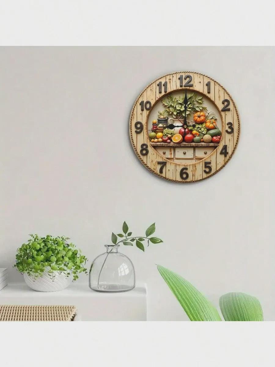 Rustic Wall Clock MDF 3D Look 2D Printed Silent Non Ticking Wooden Clock for Farmhouse Kitchen Living Room Office Wall Decor